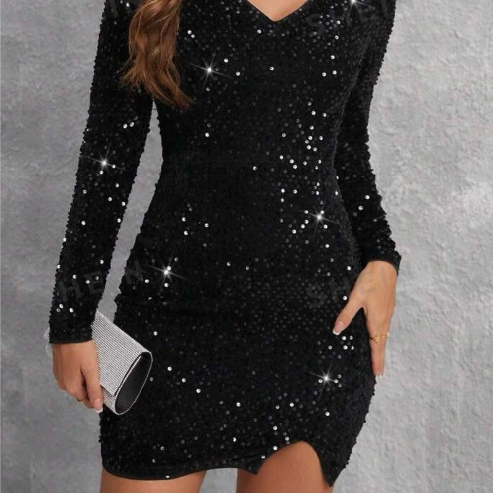 Long sleeve black sequin dress